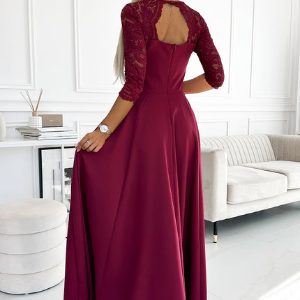 18635-3-309-9 AMBER elegant long maxi dress with lace neckline - burgundy-3