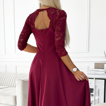 18635-5-309-9 AMBER elegant long maxi dress with lace neckline - burgundy-5