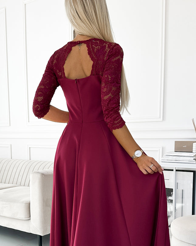 309-9 AMBER elegant long maxi dress with lace neckline - burgundy