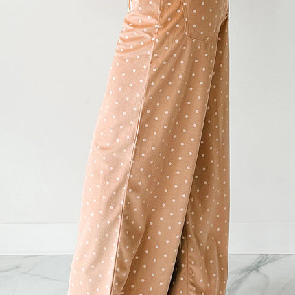 Khaki Polka Dot Print Drawstring Wide Leg Pants