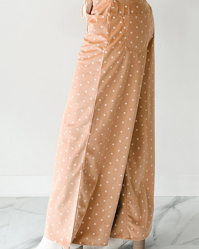 Khaki Polka Dot Print Drawstring Wide Leg Pants
