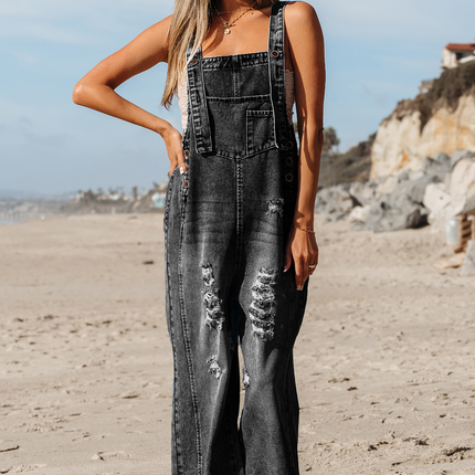 Stone Blue Distressed Bib Pocket Wide Leg Denim Overall