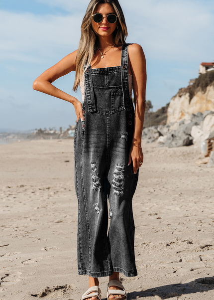 Stone Blue Distressed Bib Pocket Wide Leg Denim Overall