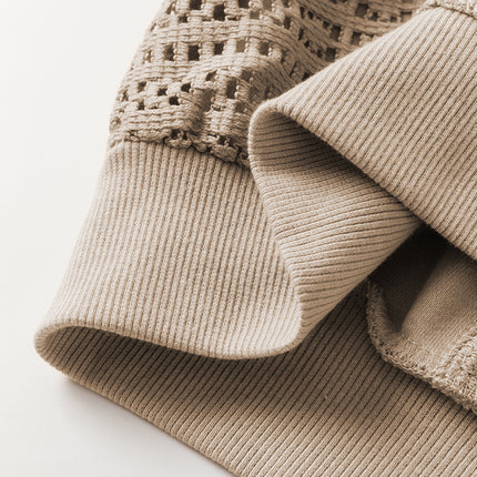 Parchment Knit Crochet Exposed Seam Ribbed Trim Sweatshirt