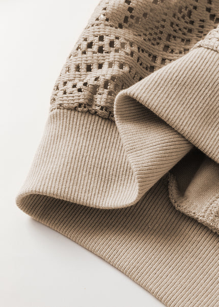 Parchment Knit Crochet Exposed Seam Ribbed Trim Sweatshirt