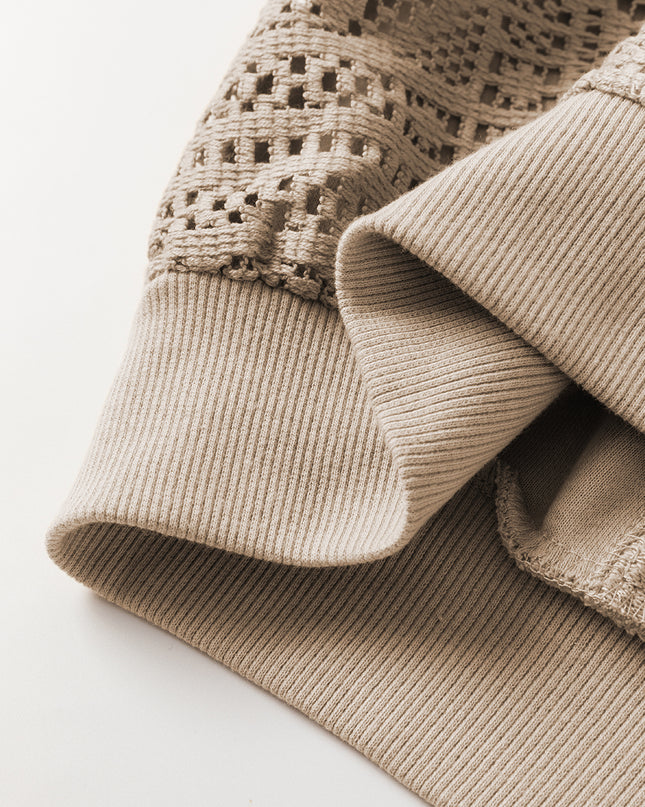 Parchment Knit Crochet Exposed Seam Ribbed Trim Sweatshirt