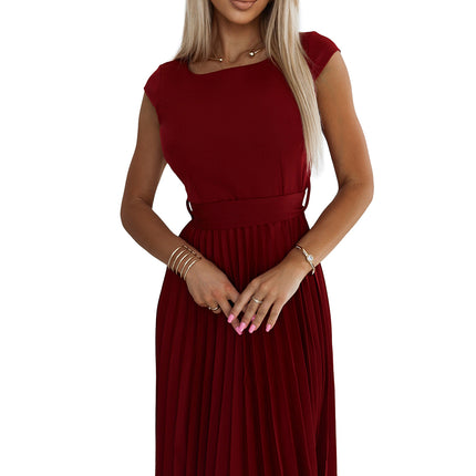 311-15 LILA Pleated dress with short sleeves - color burgundy