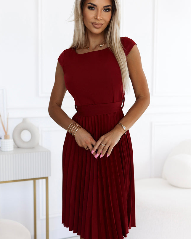 311-15 LILA Pleated dress with short sleeves - color burgundy