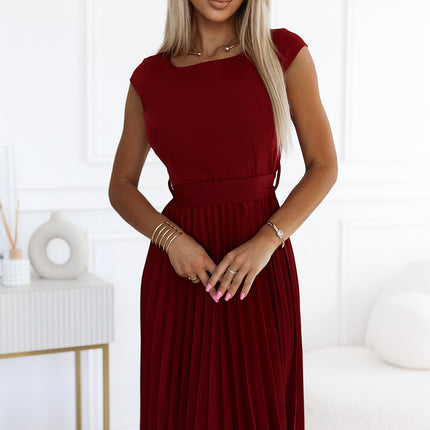 311-15 LILA Pleated dress with short sleeves - color burgundy