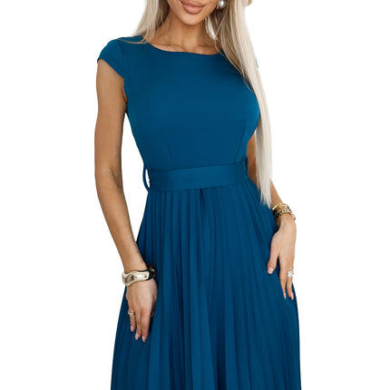 311-17 LILA Classic pleated dress with short sleeves and a belt - sea color