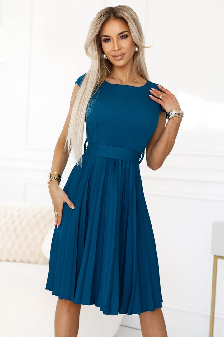Sea Color Pleated Dress with Belt and Short Sleeves – LILA