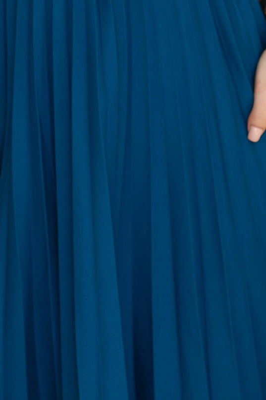 311-17 LILA Classic pleated dress with short sleeves and a belt - sea color