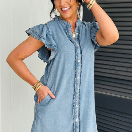 Myosotis Frilled Detail Button Down Ruffle Short Sleeve Denim Mini Dress