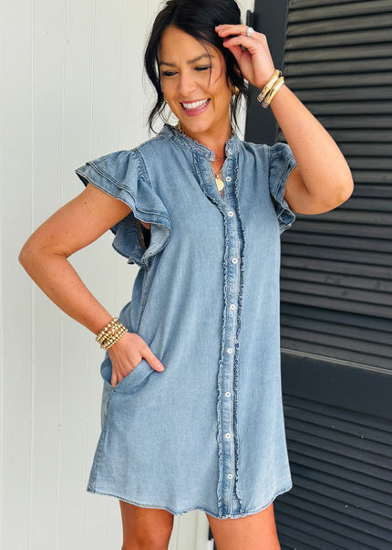 Myosotis Frilled Detail Button Down Ruffle Short Sleeve Denim Mini Dress