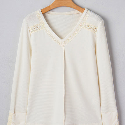 Beige Thermal Knit Lace Ruched Patchwork Long Sleeve V Neck Top