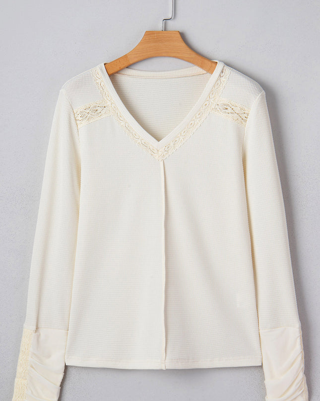Beige Thermal Knit Lace Ruched Patchwork Long Sleeve V Neck Top