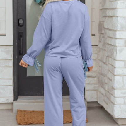 Beau Blue Flounce Long Sleeve Top Drawstring Pants Contrast Velvet Bow Knot 2pcs Lounge Set