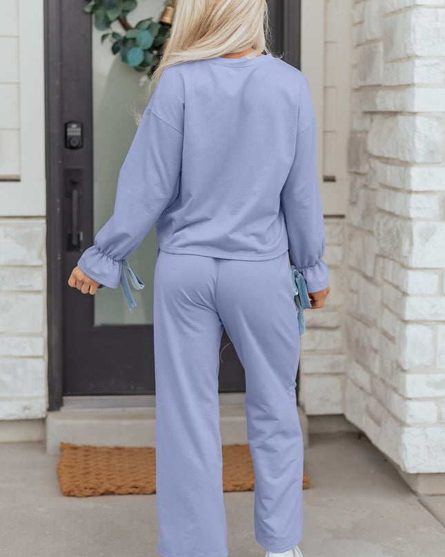 Beau Blue Flounce Long Sleeve Top Drawstring Pants Contrast Velvet Bow Knot 2pcs Lounge Set