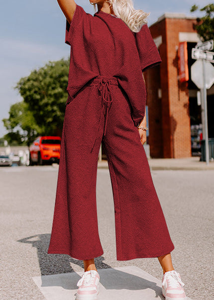 Black Textured Loose Fit T Shirt and Drawstring Pants Set