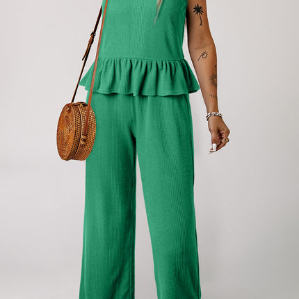 Beau Blue Solid Color Ribbed Ruffle Tank Top and Pants Set