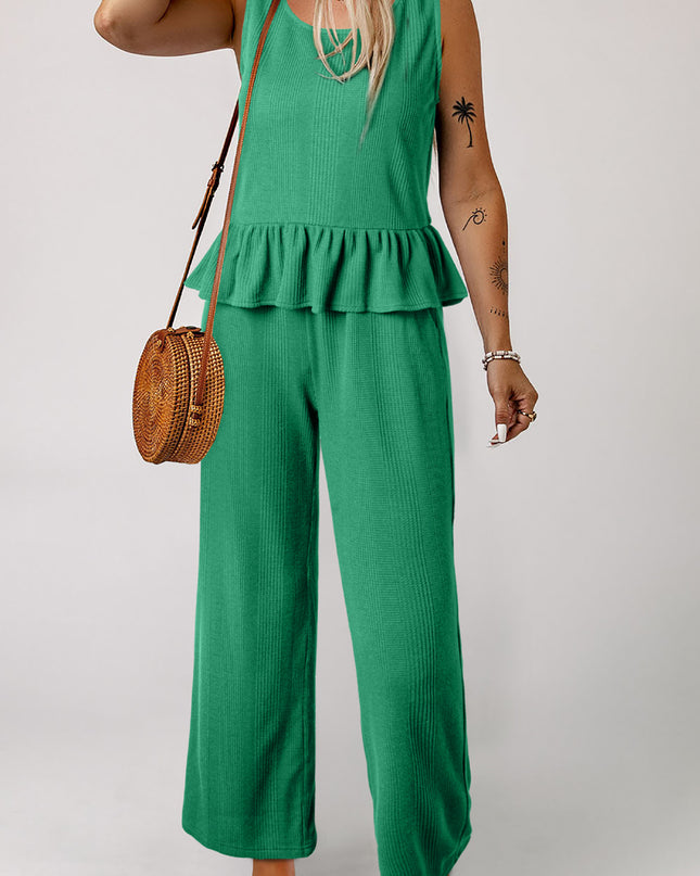 Beau Blue Solid Color Ribbed Ruffle Tank Top and Pants Set