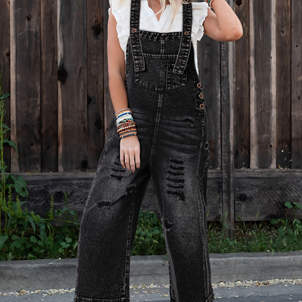 Stone Blue Distressed Bib Pocket Wide Leg Denim Overall