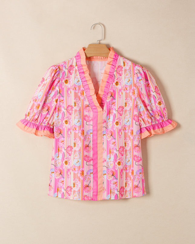 Pink Poppy Flower Striped Print Color Block Trim V Neck Short Sleeve Blouse