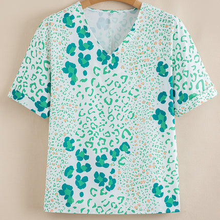 Leopard Print V Neck Short Sleeve Blouse