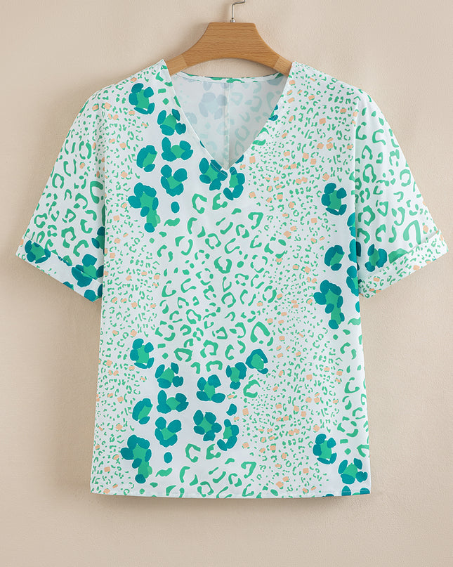 Leopard Print V Neck Short Sleeve Blouse
