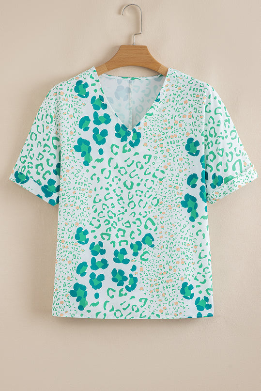 Leopard Print V Neck Short Sleeve Blouse