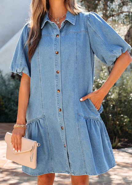 Beau Blue Button Down Short Puff Sleeve Ruffle Hem Patchwork Denim Dress