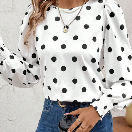 White Polka Dot Print Round Neck Frilled Long Sleeve Blouse