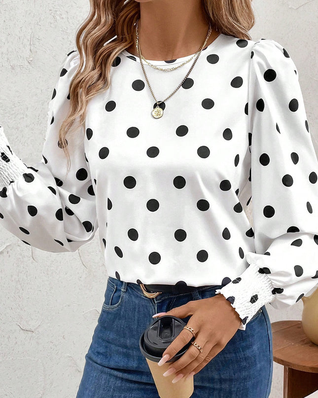 White Polka Dot Print Round Neck Frilled Long Sleeve Blouse