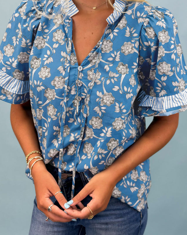 Blue Floral Print Button Tie Neck Striped Detail Short Sleeve Blouse