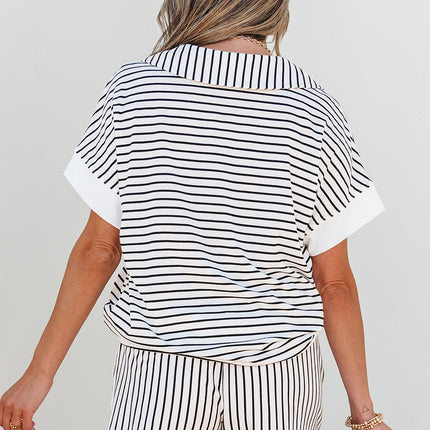 Black Stripe V Neck Tee and Casual Short Set