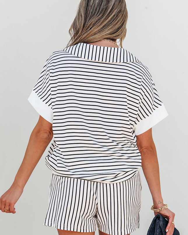 Black Stripe V Neck Tee and Casual Short Set