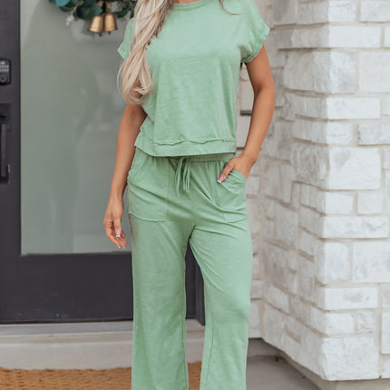 Canton Cuffed Short Sleeve Tee Raw Seam Patch Pocket Drawstring Pants Set