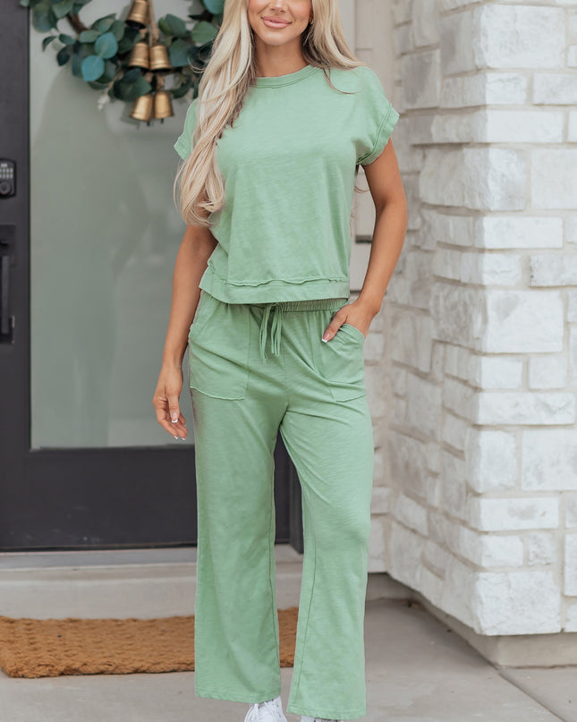 Canton Cuffed Short Sleeve Tee Raw Seam Patch Pocket Drawstring Pants Set