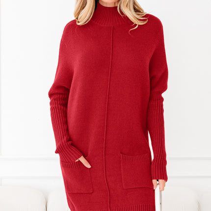 Chestnut Ribbed High Neck Front Pockets Center Seam Shift Sweater Dress