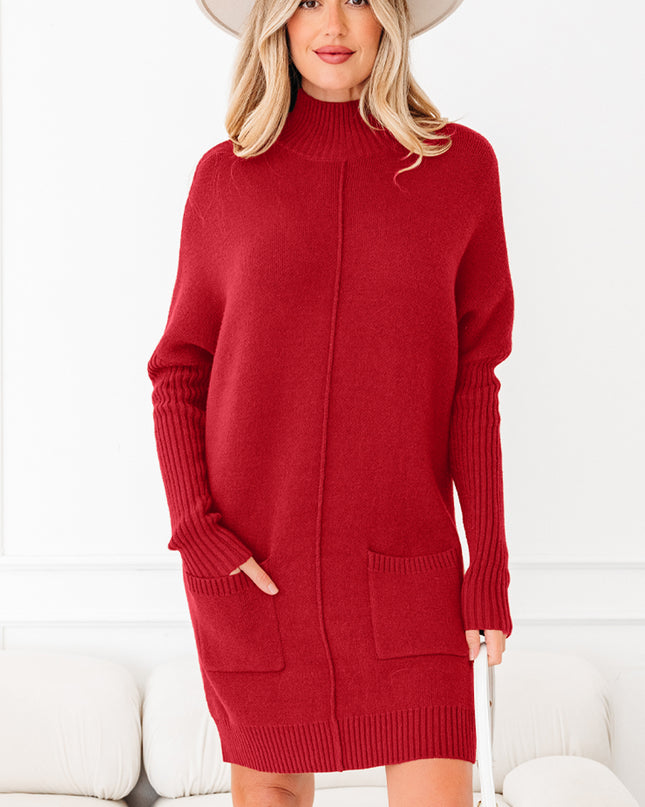 Chestnut Ribbed High Neck Front Pockets Center Seam Shift Sweater Dress