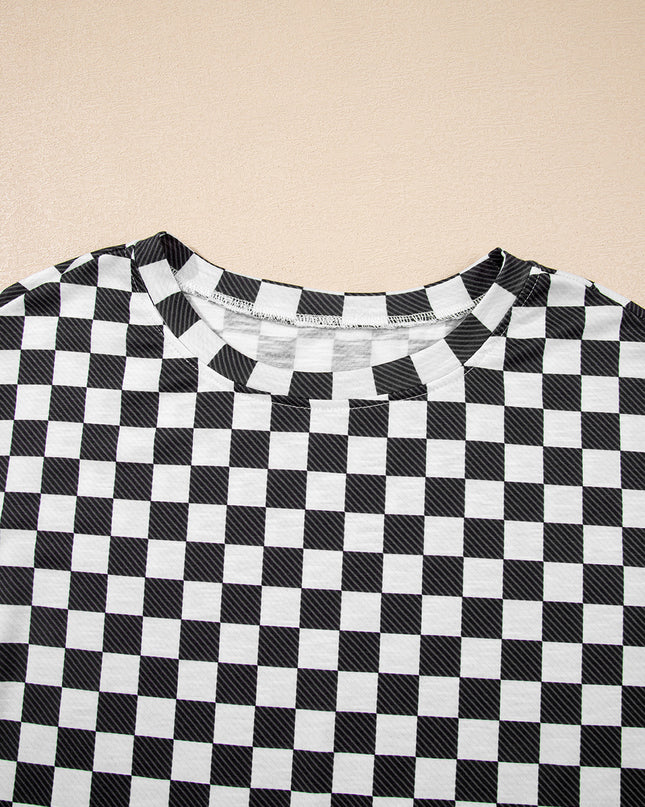 Black Checkerboard T Shirt and High Waist Skorts 2 Piece Outfit set