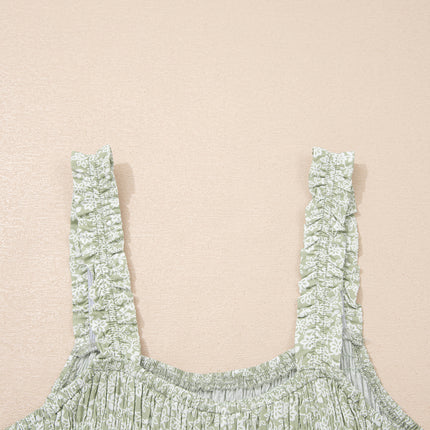 Green Smocked Bodice Square Neck Sleeveless Floral Jumpsuit