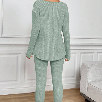 Black Ribbed Notched Neck Knit Long Sleeve Leggings Two Pieces Lounge Set