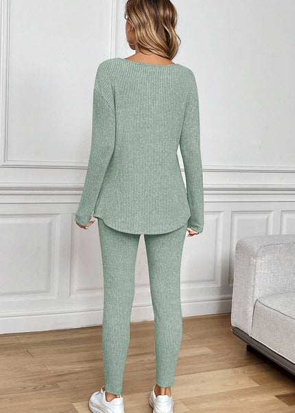 Black Ribbed Notched Neck Knit Long Sleeve Leggings Two Pieces Lounge Set