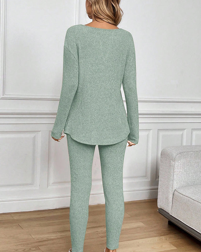 Black Ribbed Notched Neck Knit Long Sleeve Leggings Two Pieces Lounge Set