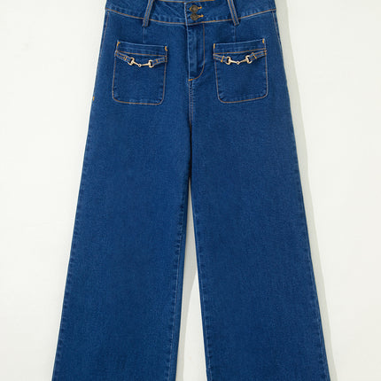 Sail Blue Hardware Decor Patched Pockets Wide Leg Jean Pants