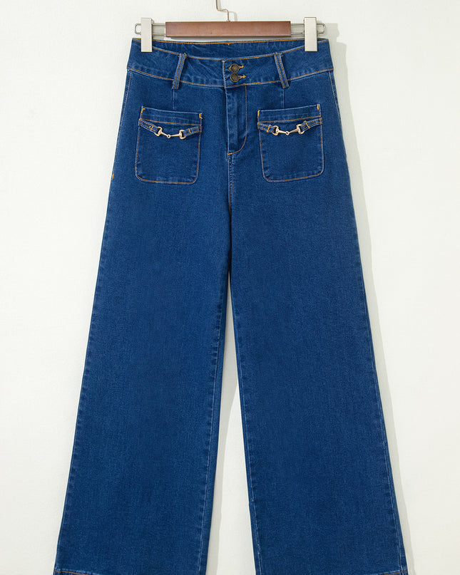 Sail Blue Hardware Decor Patched Pockets Wide Leg Jean Pants