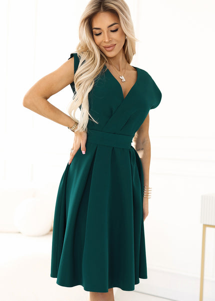 348-11 SCARLETT - flared dress with a neckline - green