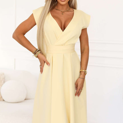 348-13 SCARLETT Flared Midi Dress with Wrap Neckline and Belt - Butter Yellow