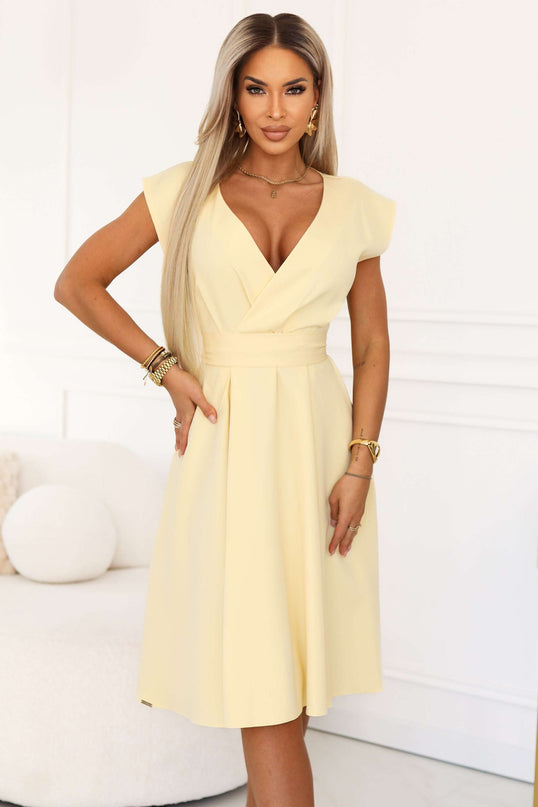 348-13 SCARLETT Flared Midi Dress with Wrap Neckline and Belt - Butter Yellow